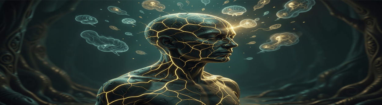 A cracked human figure with glowing gold neural pathways, fragmented thoughts and brain images floating away — the fractured inner world of schizophrenia spectrum disorders