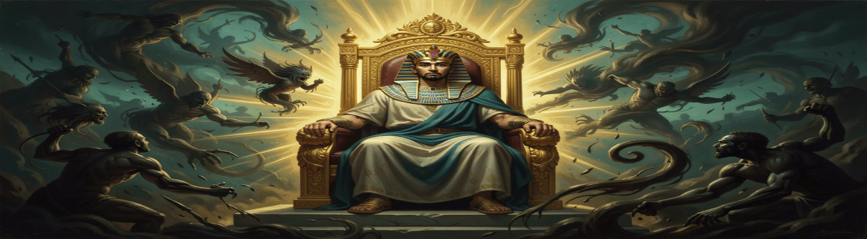 Pharaoh seated unmoved on a golden throne as demonic forces swirl around him in darkness — the hardened heart of a man consumed by the god of sin, blind to the divine light radiating behind him