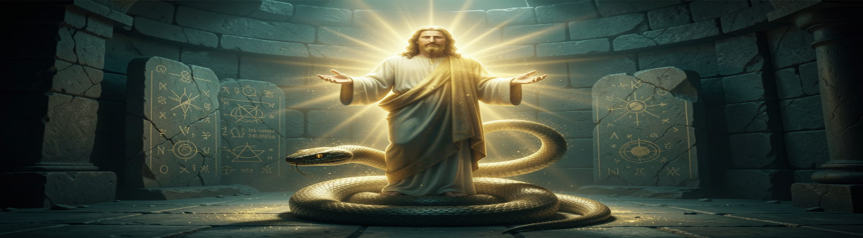 Christ standing in radiant golden light with arms open, a great serpent coiled at His feet before ancient stone tablets — the eternal confrontation between Christ and the Viper, the Man of Sin