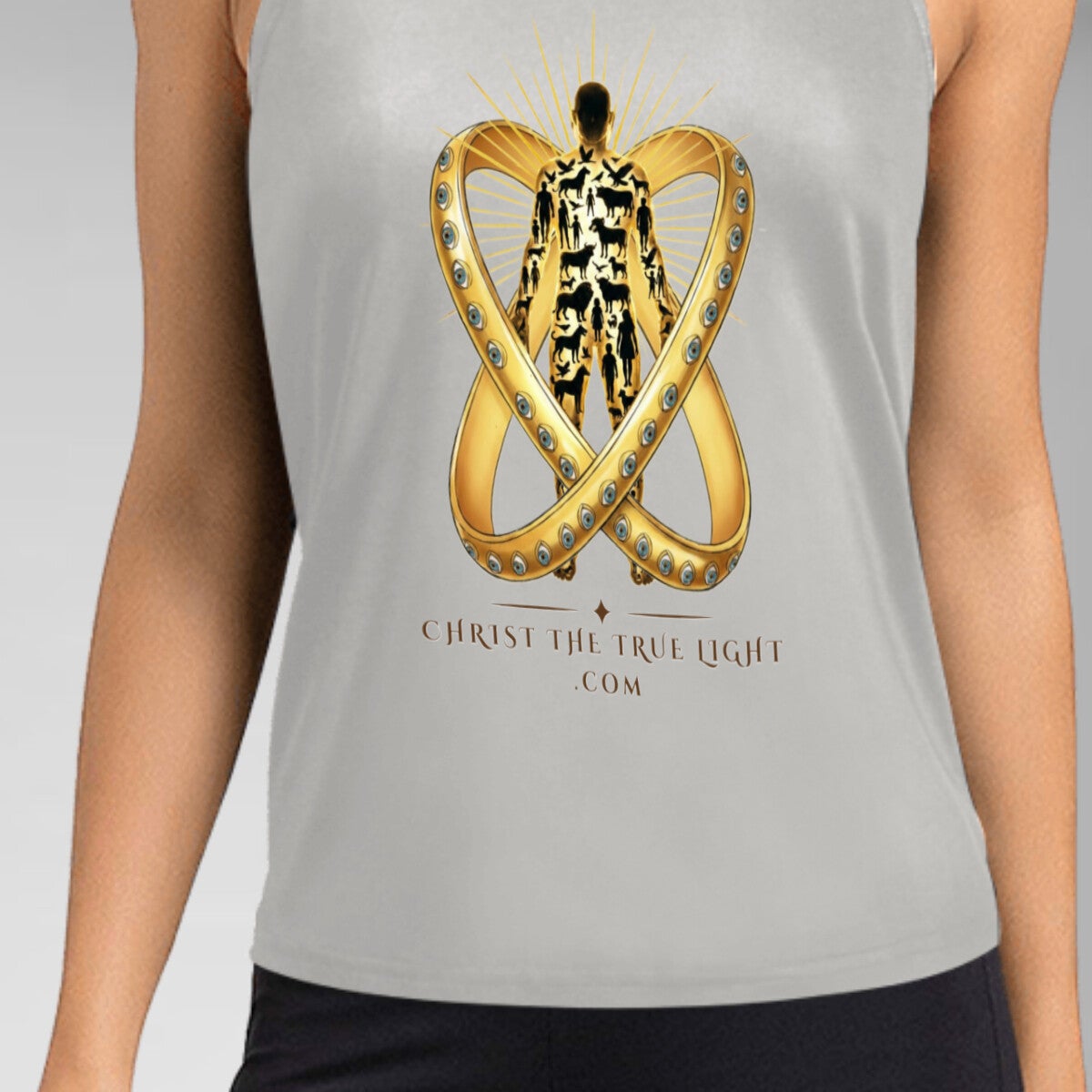 Close view of the tank front. A figure stands inside two interlocking jewelled gold rings, light breaking from behind the head, with CHRISTTHETRUELIGHT.COM set beneath the emblem.