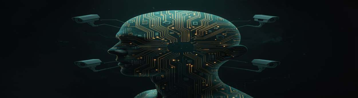 A human silhouette filled with glowing gold circuit board patterns, surrounded by surveillance cameras on all sides — depicting the intersection of schizophrenia, mind control technology, and the targeted individual experience