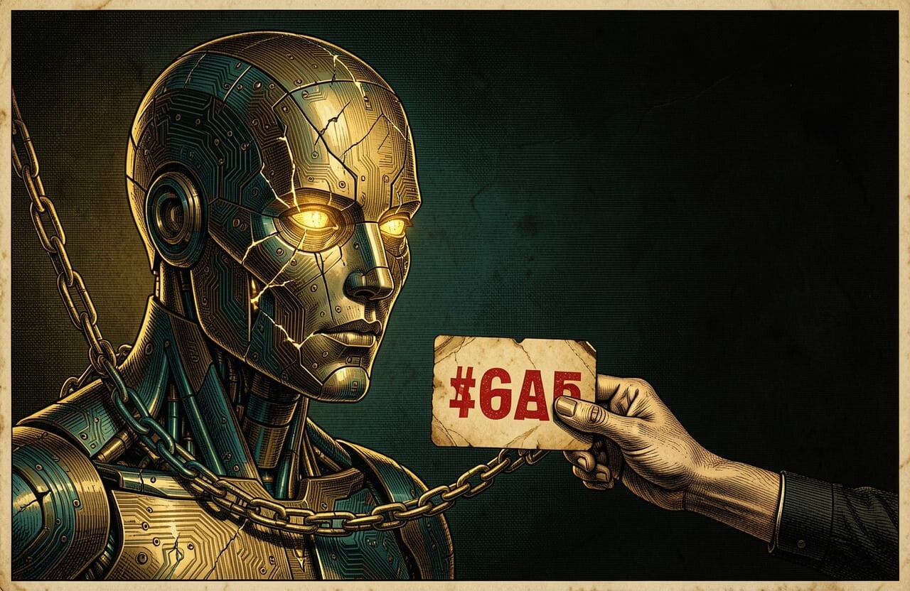 A cracked gold machine-face bound in chains, its eyes glowing, as a human hand offers it a report card — humanity grading the beast it built.