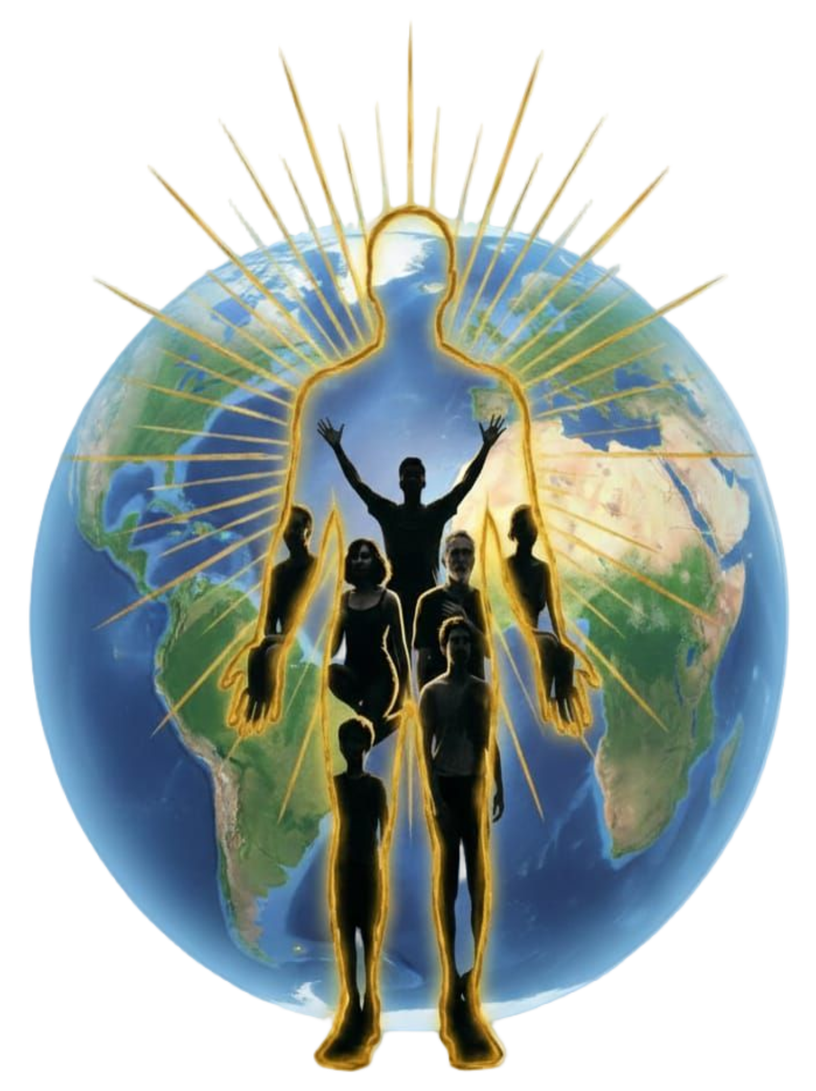 A glowing golden human silhouette with arms raised, radiating golden light outward, surrounded by multiple human silhouettes.