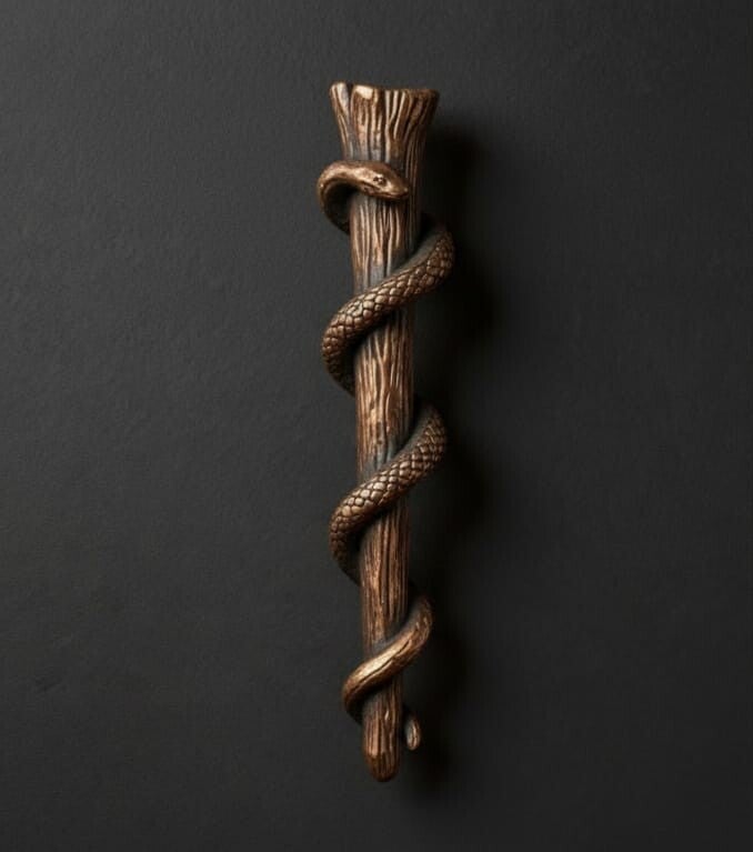 A bronze serpent coiled around a wooden staff against a dark background — the fiery serpent Moses set on a pole in Numbers 21