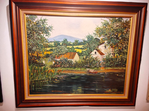 Irish cottages, lake scene signed.