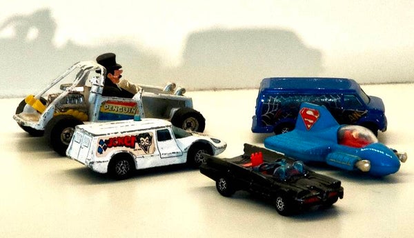 Collection of used. Played with super hero cars. Bat man, Spiderman and Superman