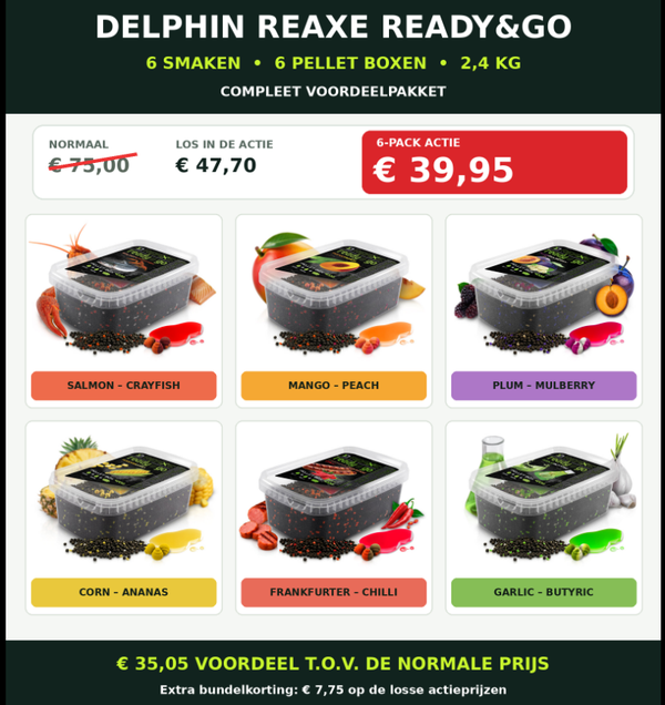 6 x Pellet Box Delphin REAXE READY&GO | Alle 6 smaken | 2,4 kg