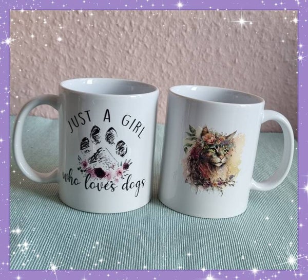 Tase mit Schriftzug oder Hunde oder Katzen Motiv ( Unikat )