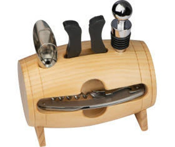 Wijnvat van hout met accessoires