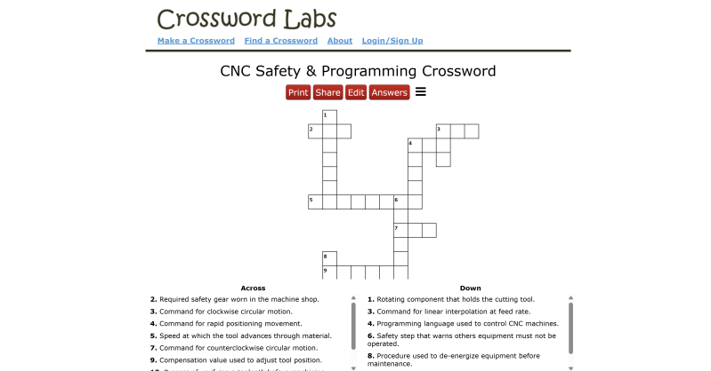 A crossword puzzle titled “CNC Safety & Programming Crossword” featuring clues related to machining safety, G-code commands, and CNC programming, designed for students to complete as a learning activity.