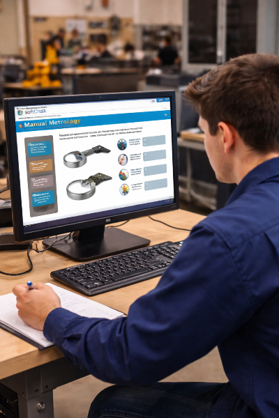 A student seated at a computer in a workshop classroom, viewing an interactive online lesson on manual metrology, with measuring tools displayed on the screen while taking notes.