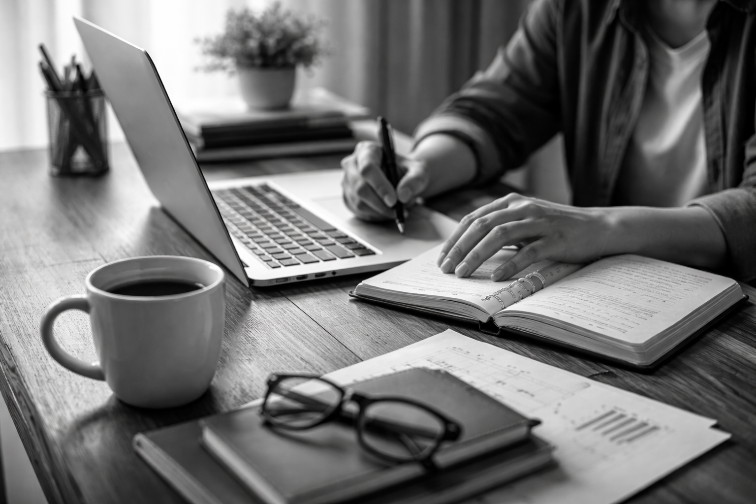 Black-and-white side view of a desk with a laptop, a cup of coffee, and a notebook, showing only a person’s hands typing and writing while studying.