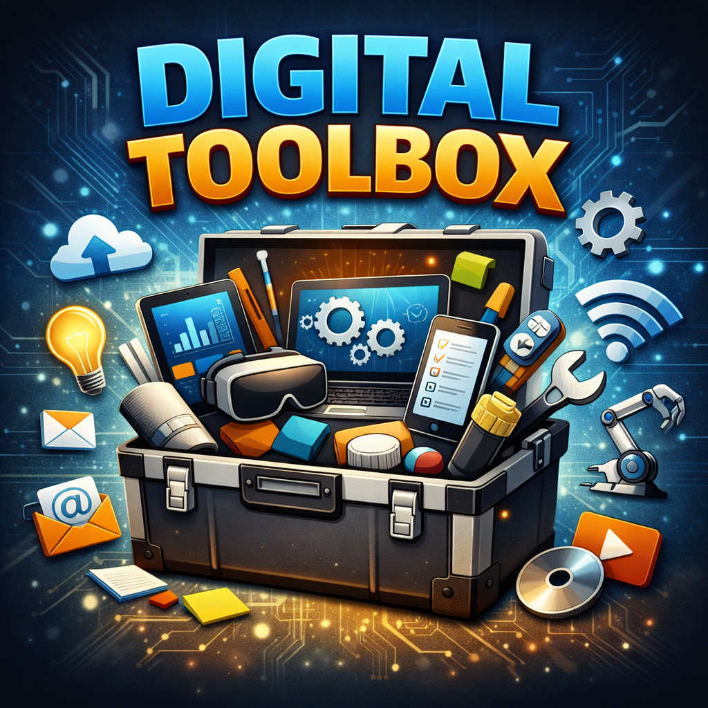 An open toolbox filled with digital devices and technology icons, including a laptop, smartphone, virtual reality headset, and gears, with symbols for communication, cloud storage, and connectivity in the background, representing a digital toolbox for edu
