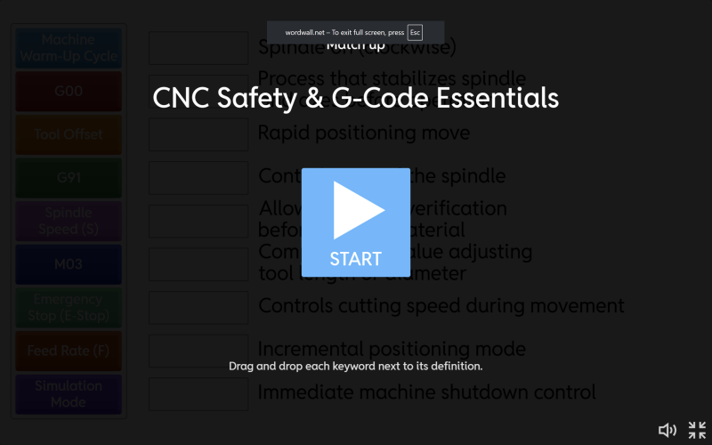 An interactive WordWall activity titled “CNC Safety & G-Code Essentials” where students match terms to their definitions.
