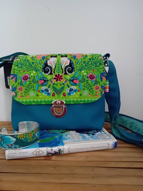 Besace turquoise et verte velours et simili cuir