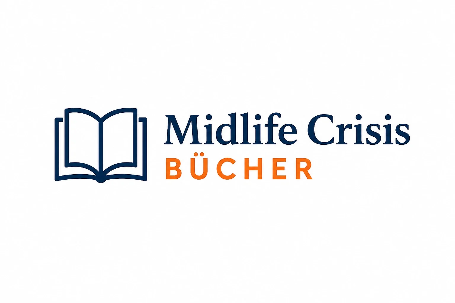 Offizielles Logo von Midlife Crisis Bücher mit stilisiertem geöffnetem Buch in Dunkelblau und orangefarbenem Schriftzug auf weißem Hintergrund.