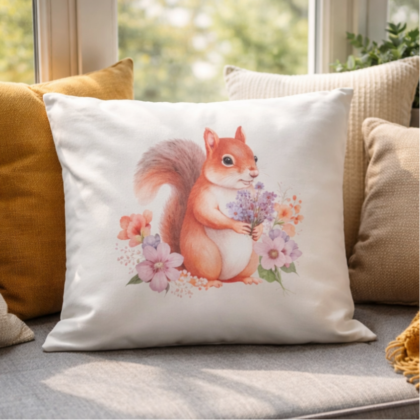 Kissenüberzug "Eichhörnchen mit Blumen"