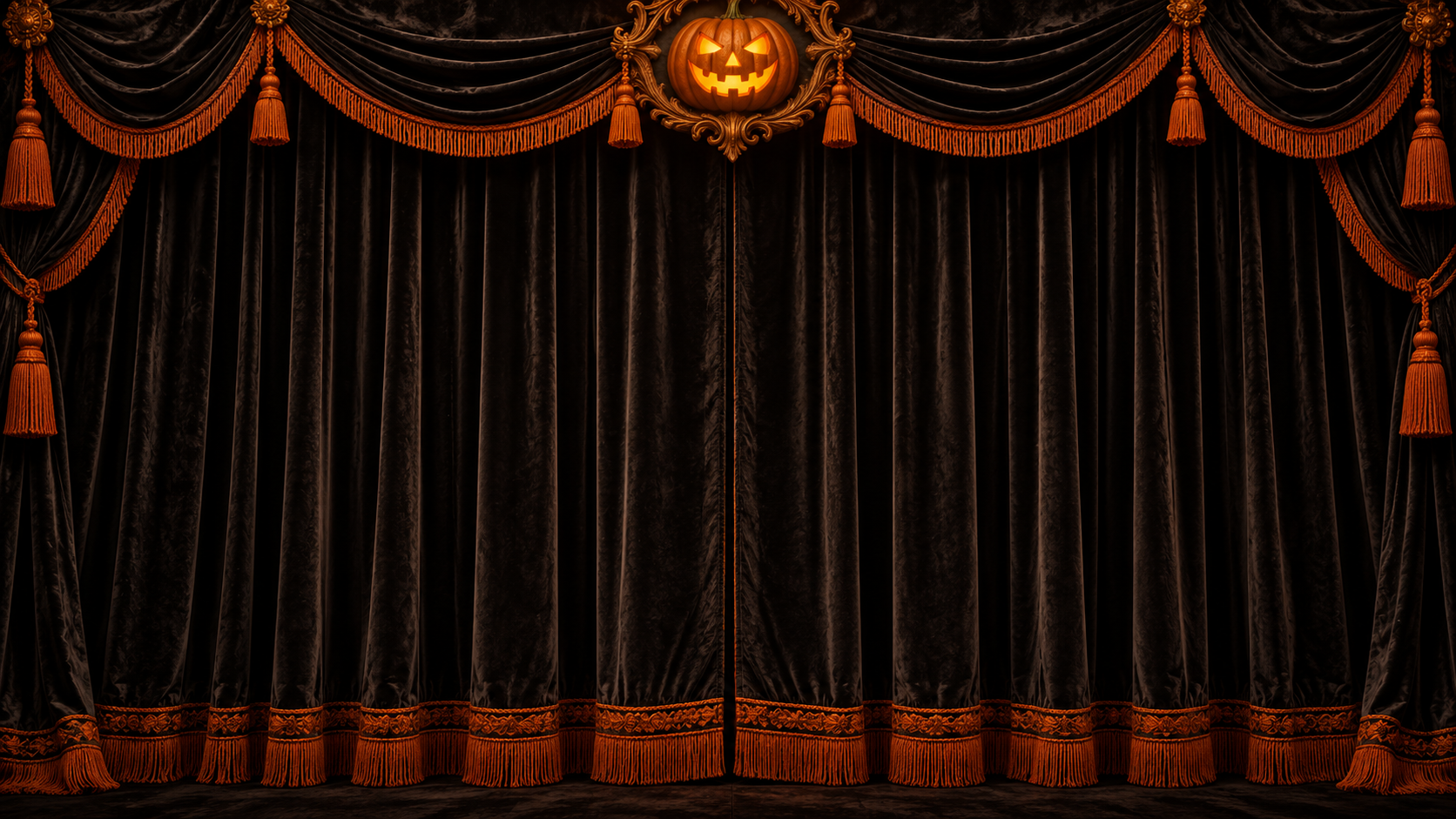 Black Victorian Halloween curtains with an orange pumpkin