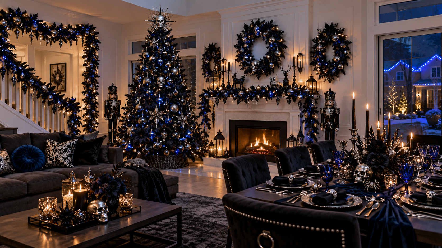 Midnight and Silver indoor Black Christmas decor with white walls, a black tapestry, blue lights and wrapped gifts