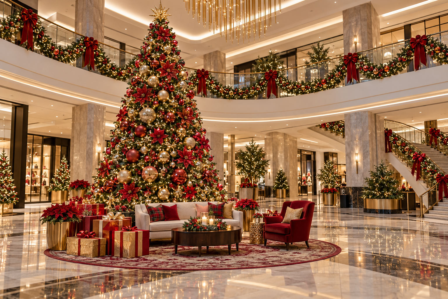 Shopping mall atrium with a large Christmas tree, balcony garland and red and gold decorations