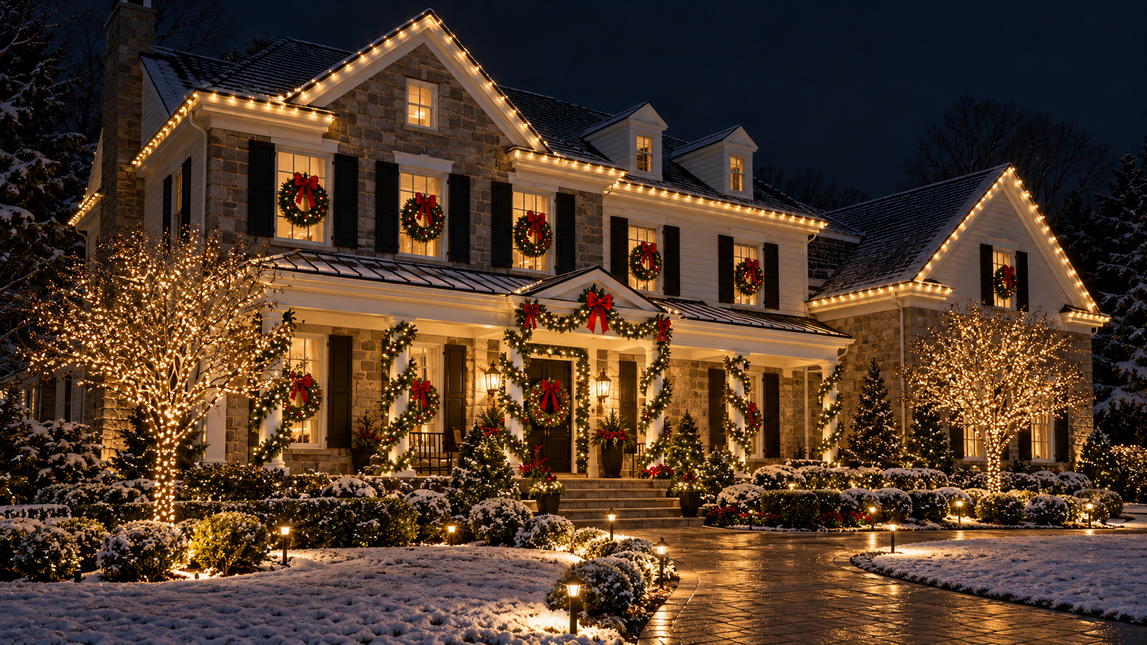 Christmas display featuring a stone home with warm white roofline lights, wreaths and evergreen garland