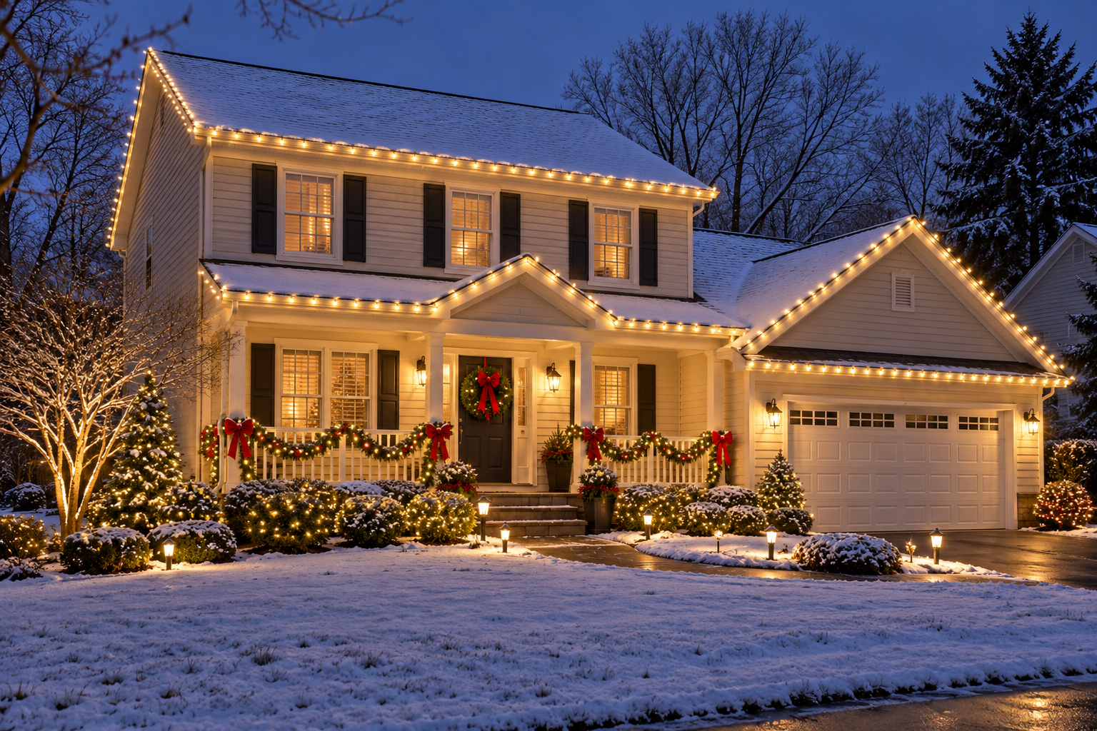 Suburban home decorated with Christmas roofline lights, porch garland and wreaths