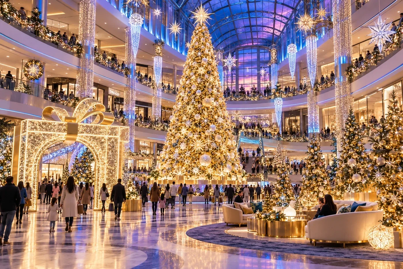 Concept of a shopping mall atrium with a gold holiday tree and illuminated garlands