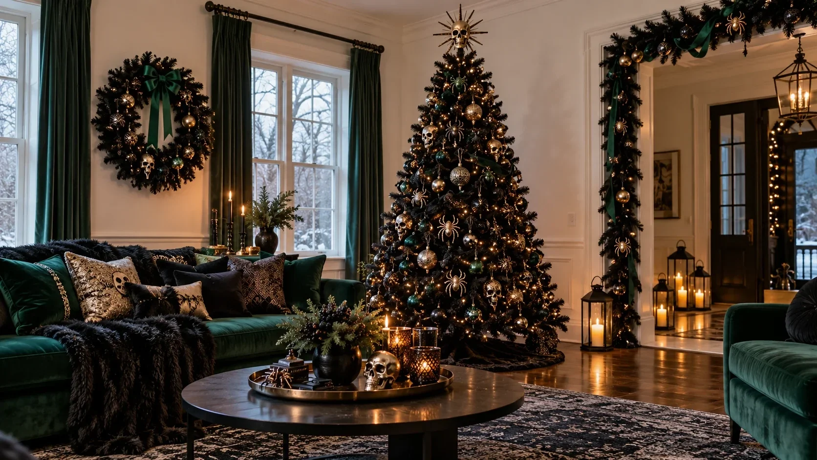 The Tree & Entrance — manor Black Christmas package concept