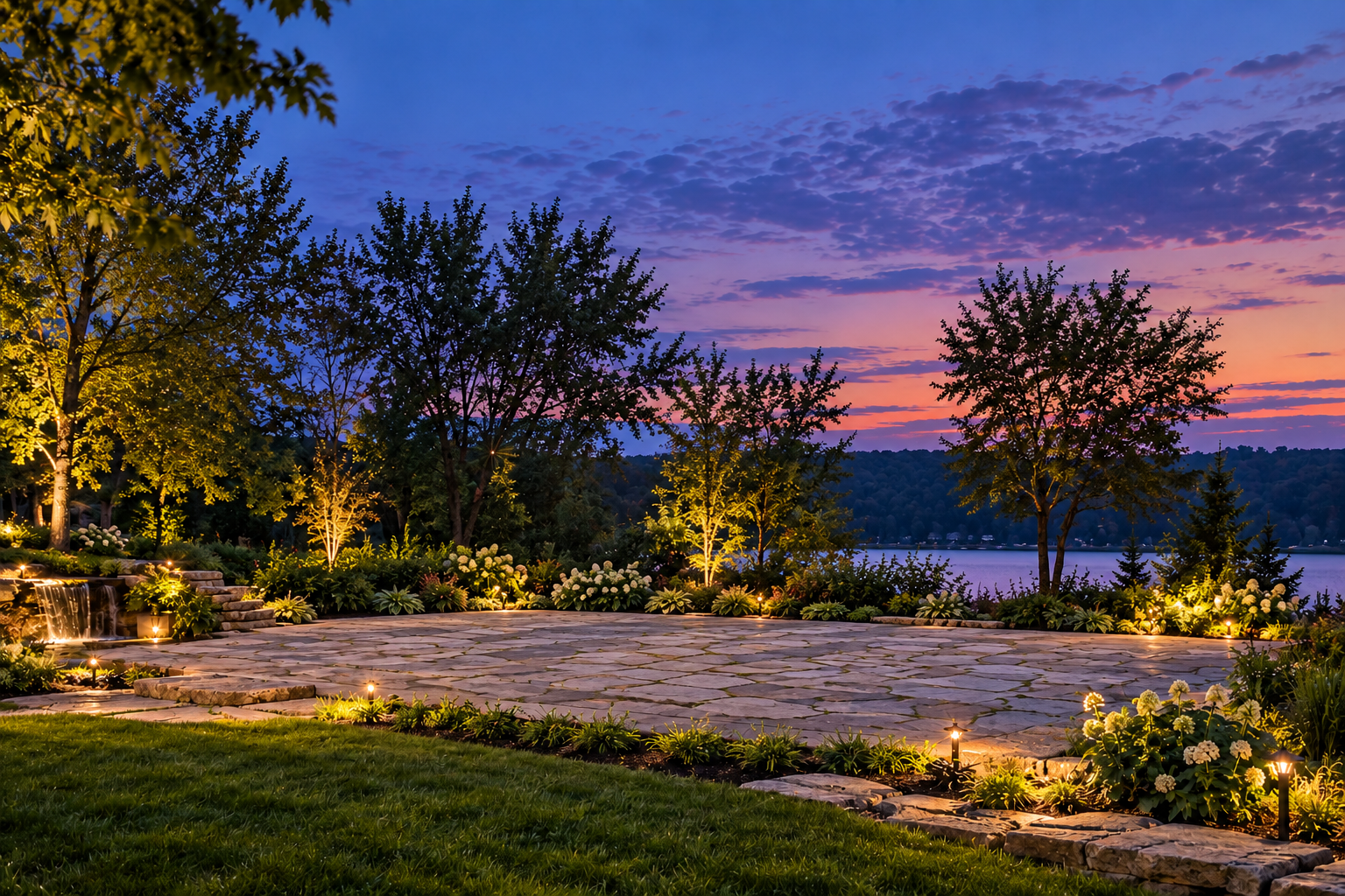 Weathered stone patio before the pavilion