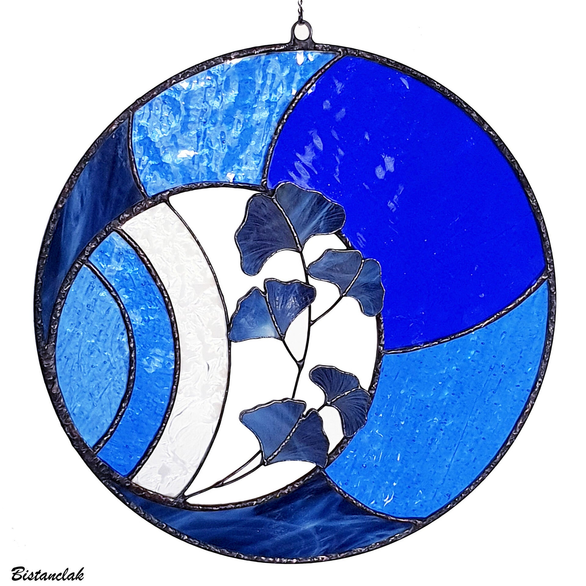 Vitrail bleu Croissant de lune et ginko