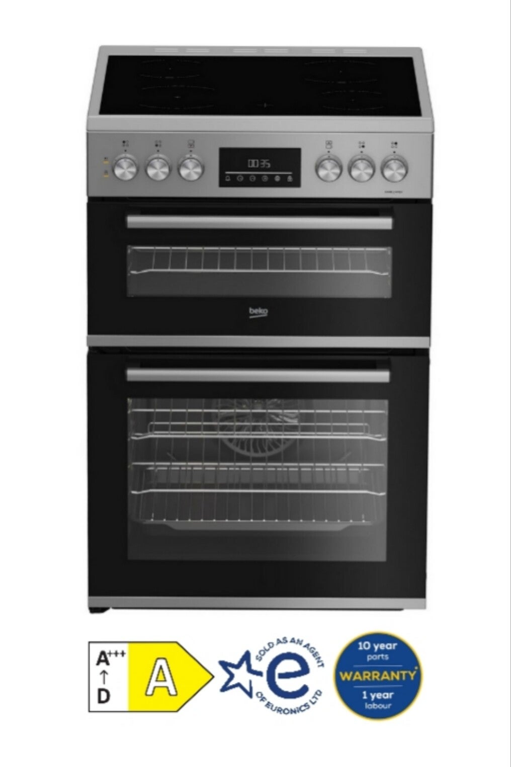 Beko EDC6731S 60cm Double Oven Electric Cooker with Vitroceramic Hob - Silver