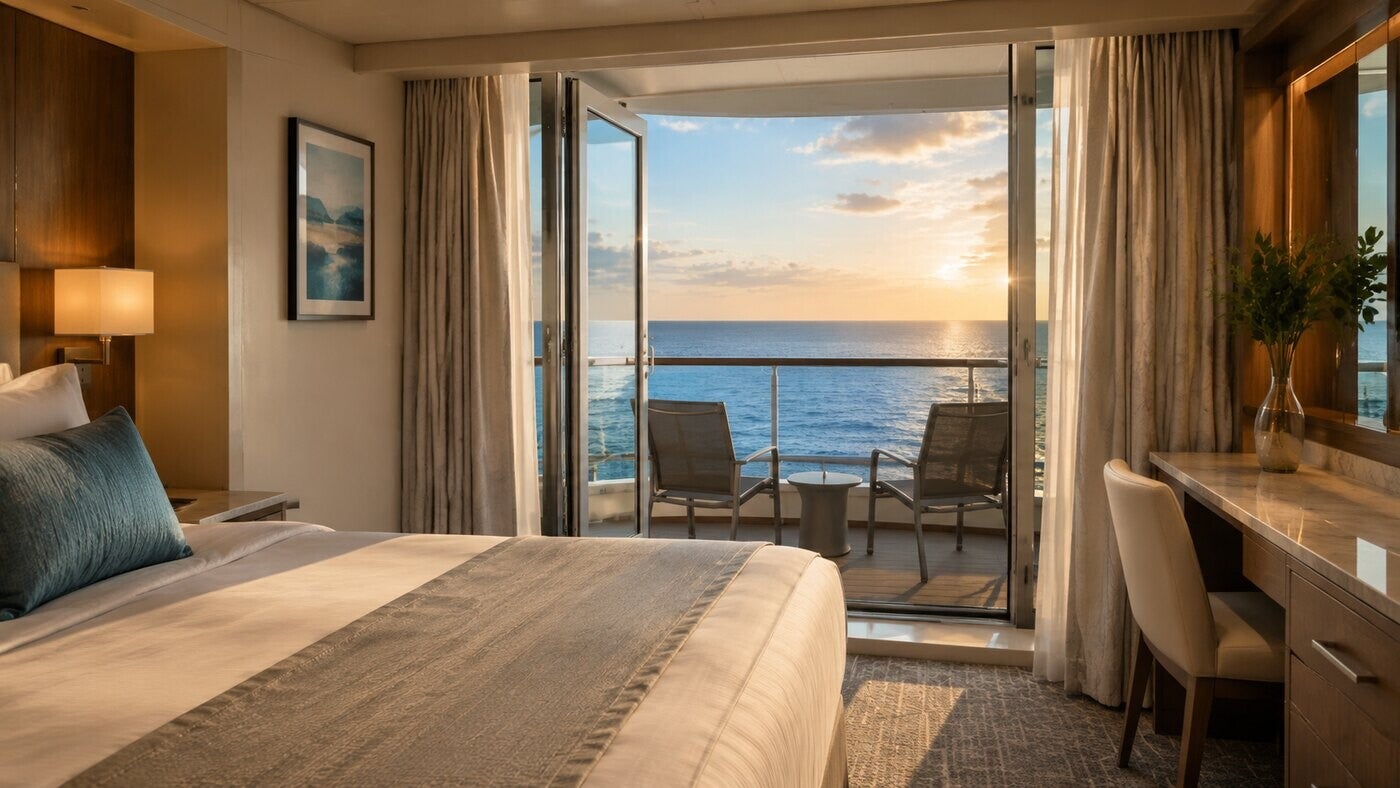 Interior cruise cabin with a floor-to-ceiling virtual balcony screen displaying the ocean