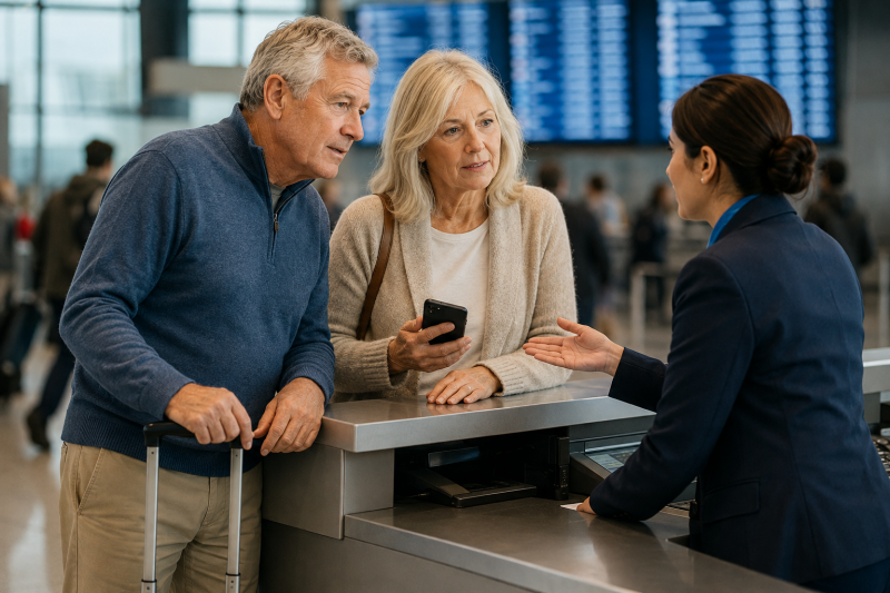 A mature couple speaking with an airline representative after a travel disruption