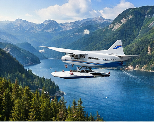 Seaplane flying over Misty Fjords near Ketchikan, Alaska