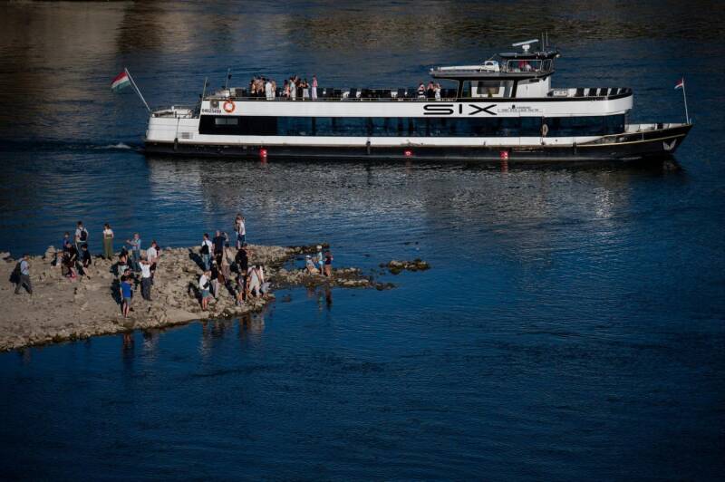 Low water levels exposing the shoreline of the Danube River in Budapest during summer 2026