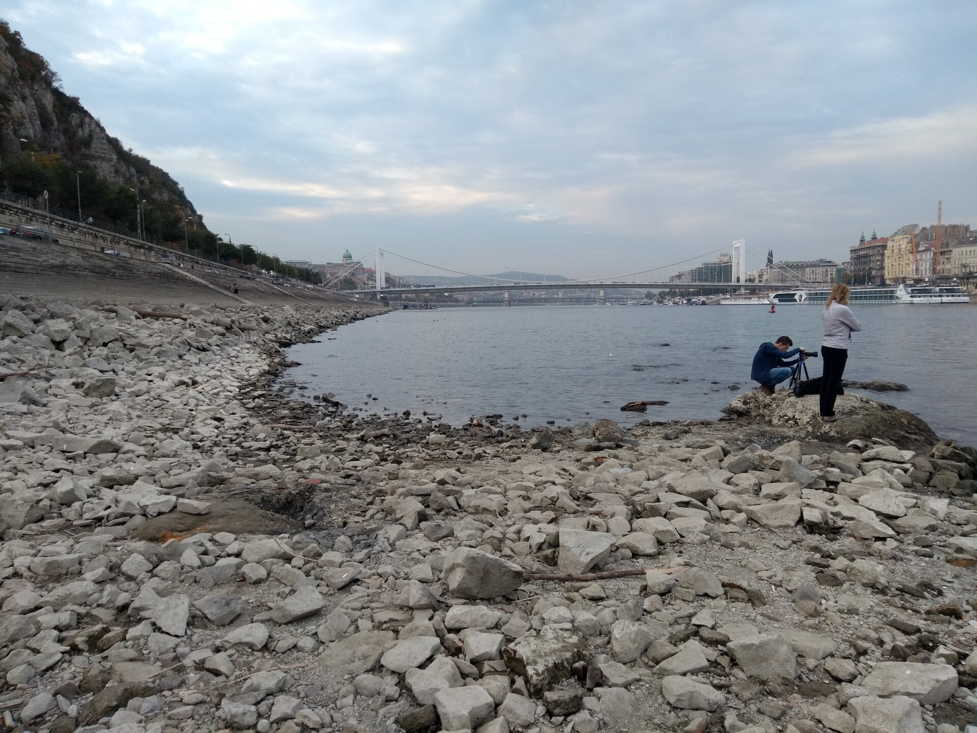 Extremely low water on the Danube exposed normally submerged rocks and riverbank in Budapest in October 2018