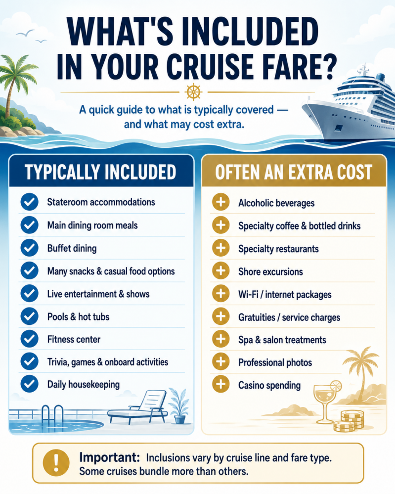 Cruise fare infographic comparing what is typically included—stateroom, dining, entertainment, pools, fitness center and activities—with common extra costs such as drinks, specialty dining, shore excursions, Wi-Fi, gratuities, spa services, photos and cas