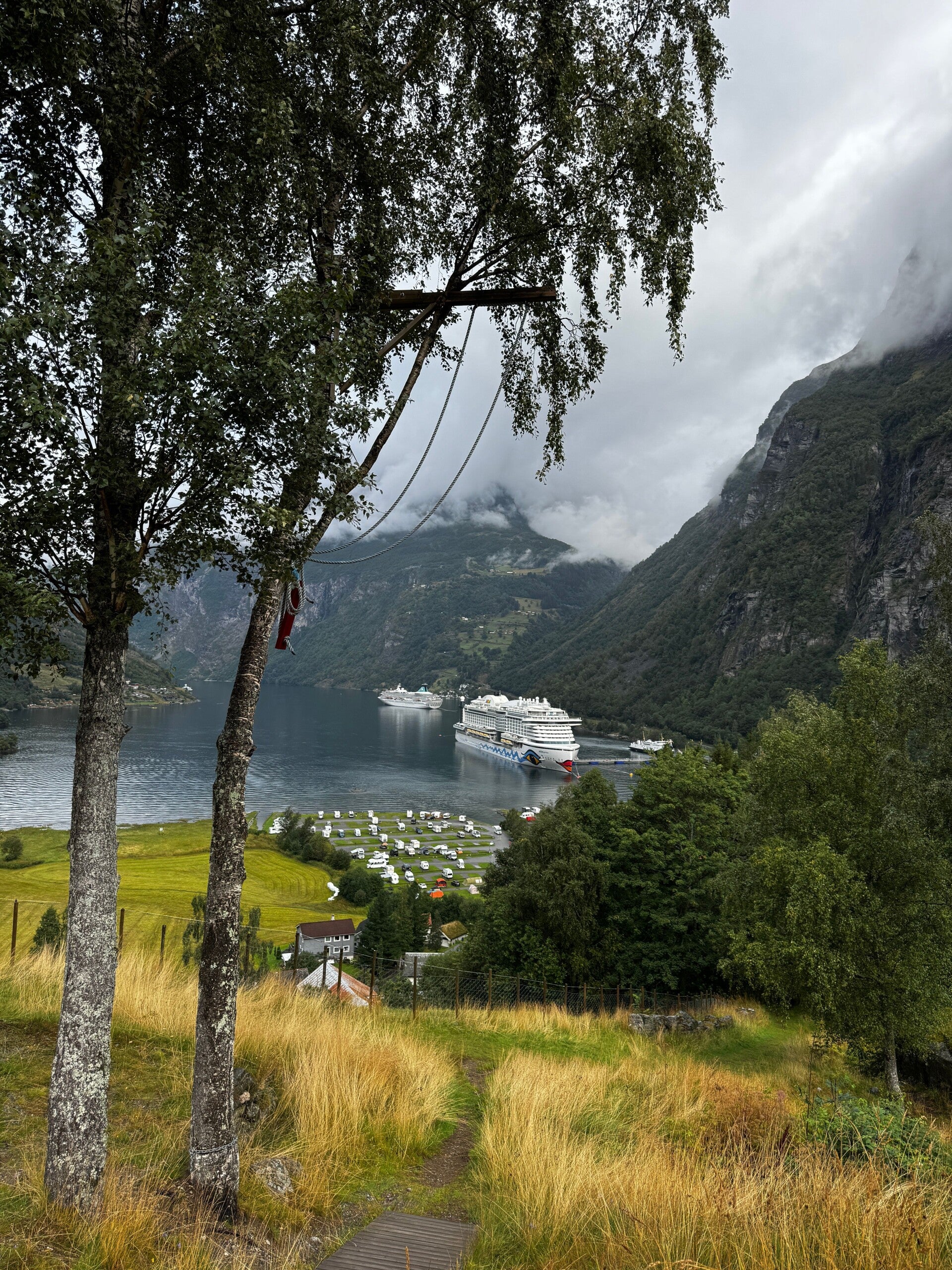 Cruise ships in Geirangerfjord surrounded by green mountains, illustrating scenic cruising and port scenery.