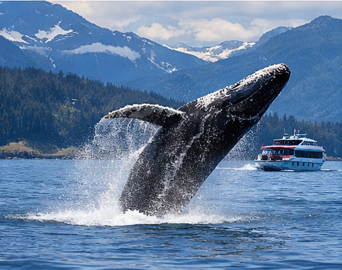 Humpback whale breaching during a Juneau whale watching excursion