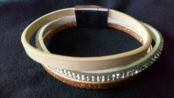 Armband 3 bandjes lichtbruin/goud/imitatiediamant