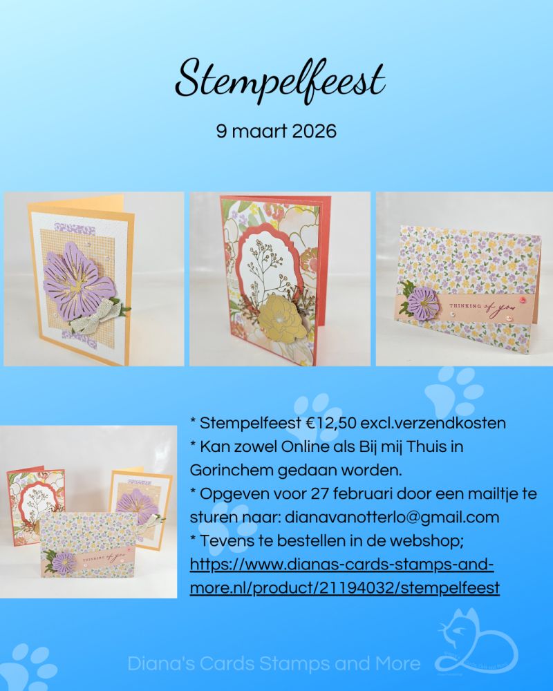 hier zie je de flyer van het Stempelfeest voor Maart waarvoor je je nog tot 27 februari 2026 kunt opgeven door mij een mailtje te sturen. Ik heb kaarten gemaakt met de collectie Lovely & Beautiful