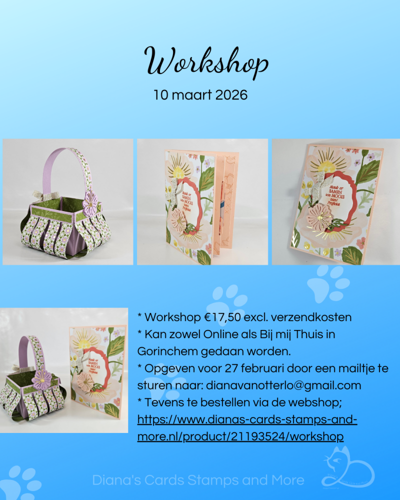 Hier zie je workshop voor maart 2026 waar je je nog tot 27 februari 2026 voor kunt opgeven door mij een mailtje te sturen. Op de flyer zie je een paasmandje en een kado-kaarthouder gemaakt met de collectie Lovely & Beautiful.