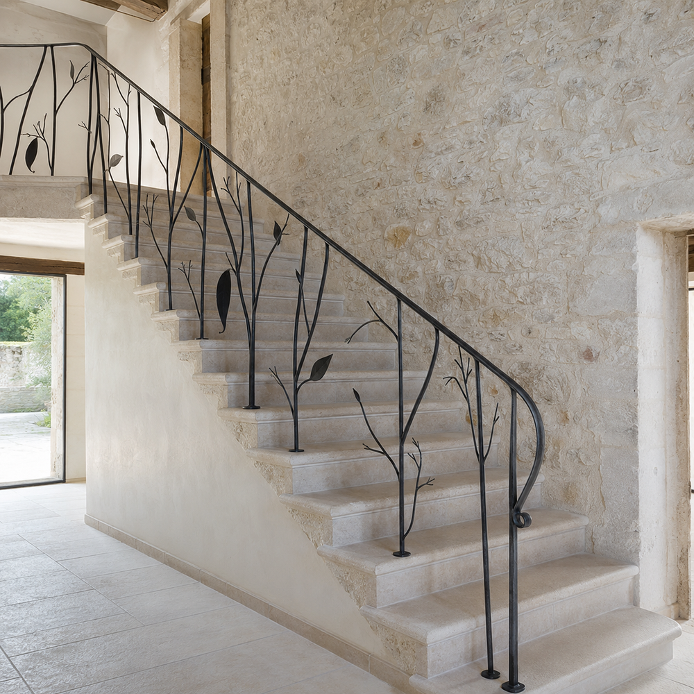 Ringhiera in metallo con motivi decorativi a foglia