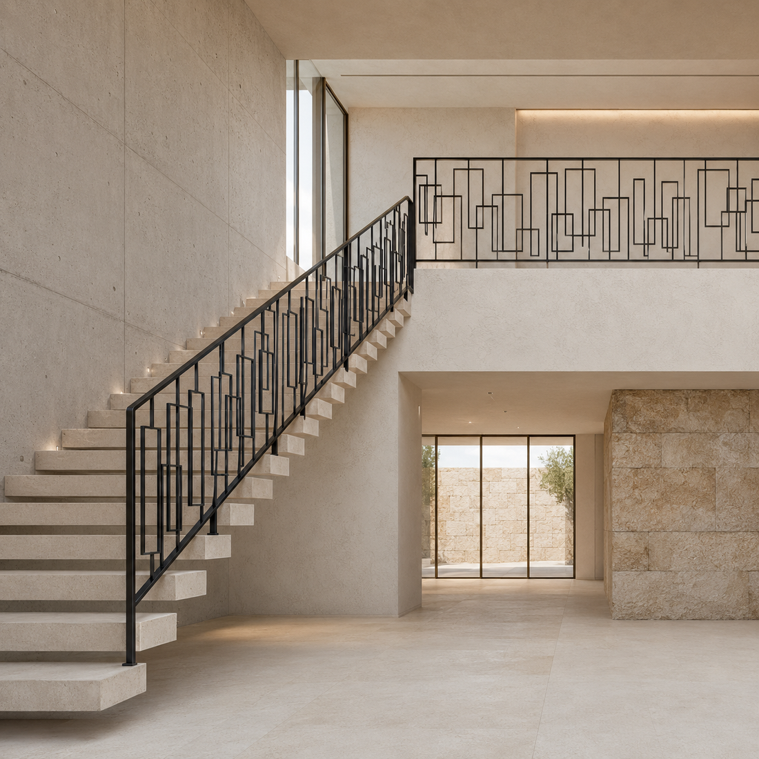 Ringhiera geometrica in metallo su scala interna
