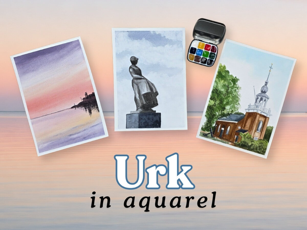 Urk in aquarel. Het pakket waarmee je zelf drie aquarel schilderijtjes van Urk kunt maken.