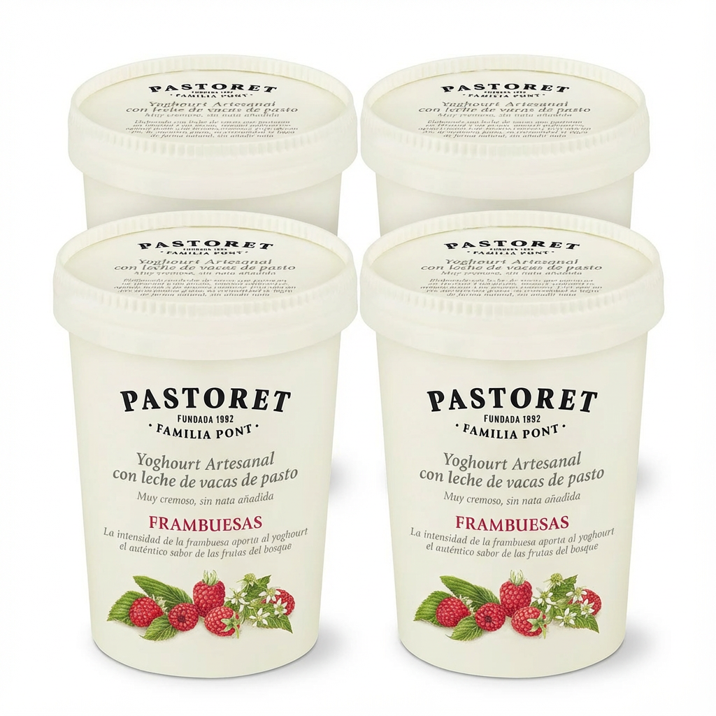 PASTORET Pack 4 Yogures artesanales sin nata añadida con leche de pasto y frambuesas 500 g.