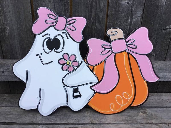Ghost with Flower and Pumpkin Door Hanger