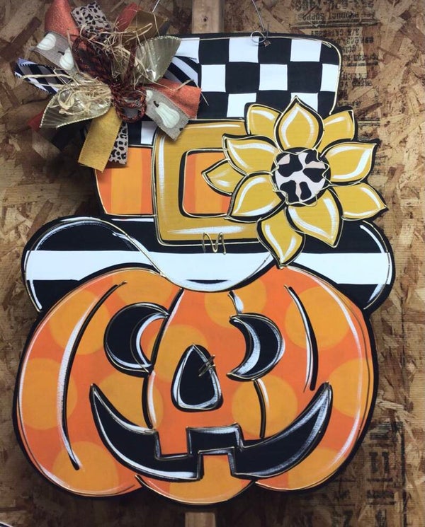 Fall Jack o L,antern with Top Hat Door Hanger