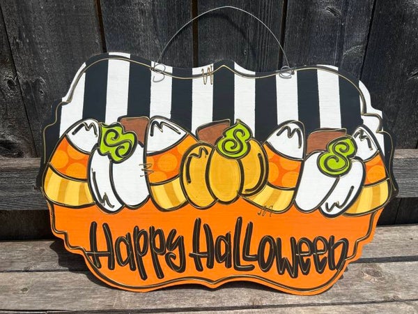 Pumpkin Candy Corn Striped Door Hanger