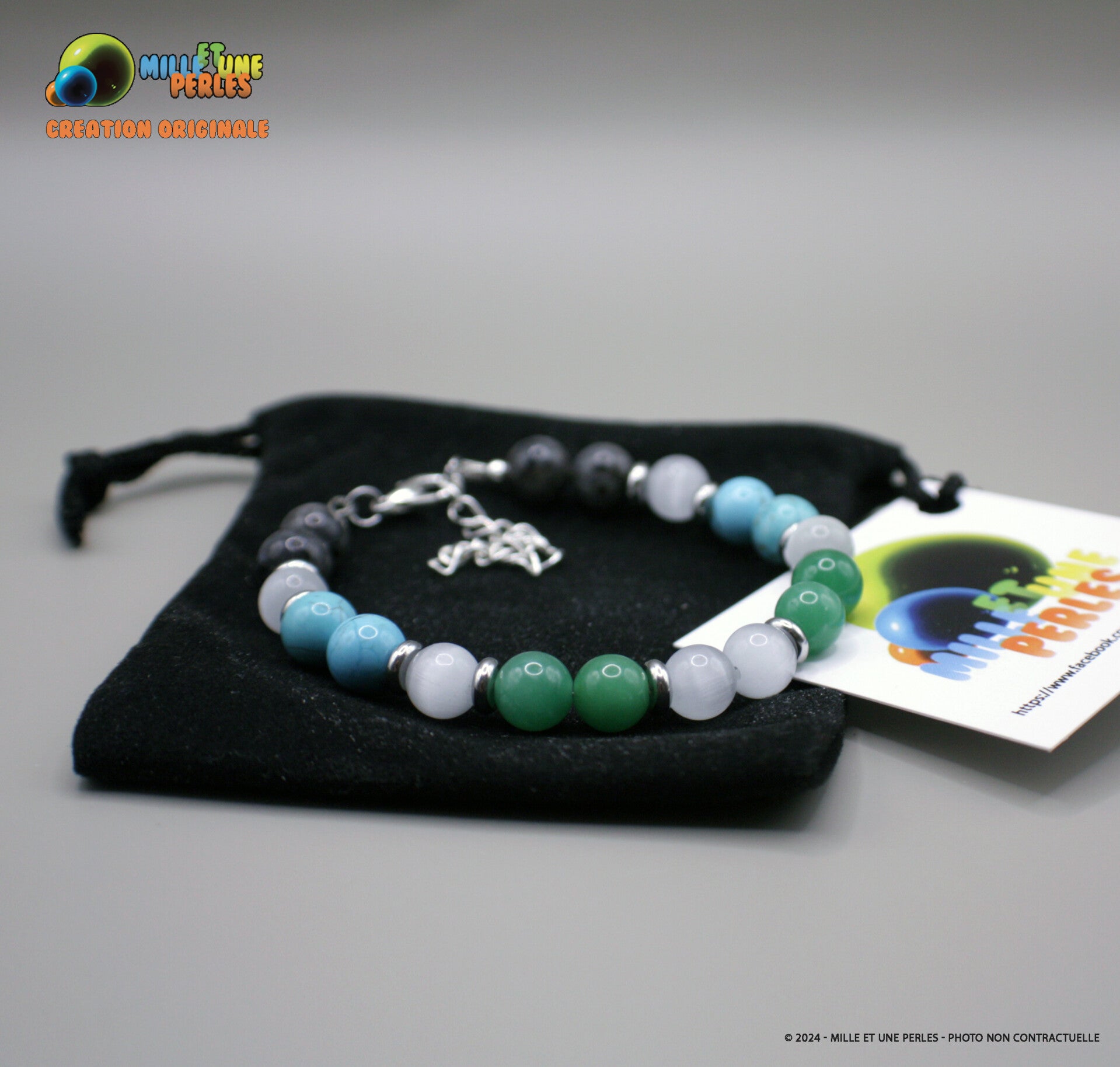 124018A170 Bracelet "Un Homme Extraordinaire" Collection Rhapsodie de Perles Naturelles Turquoise, Aventurine Verte, Labradorite Noire, Pierre de Lune
